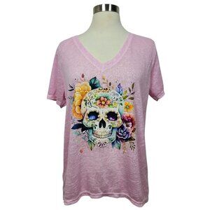 NWT Carla Giannini Pink Sugar Skull Floral Graphic V-Neck T-Shirt Made in Italy